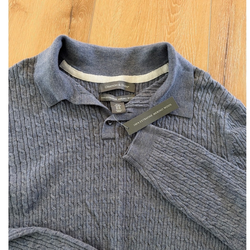 Grayson & Dunn Mens Extrafine Merino Wool Cable‎ Knit Polo Sweater Blue Medium